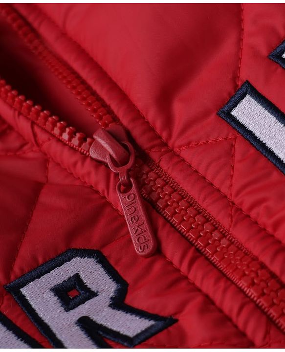 Pine Kids Woven Full Sleeves Padded Hooded Quilted Winter Jacket With Text Print - Red