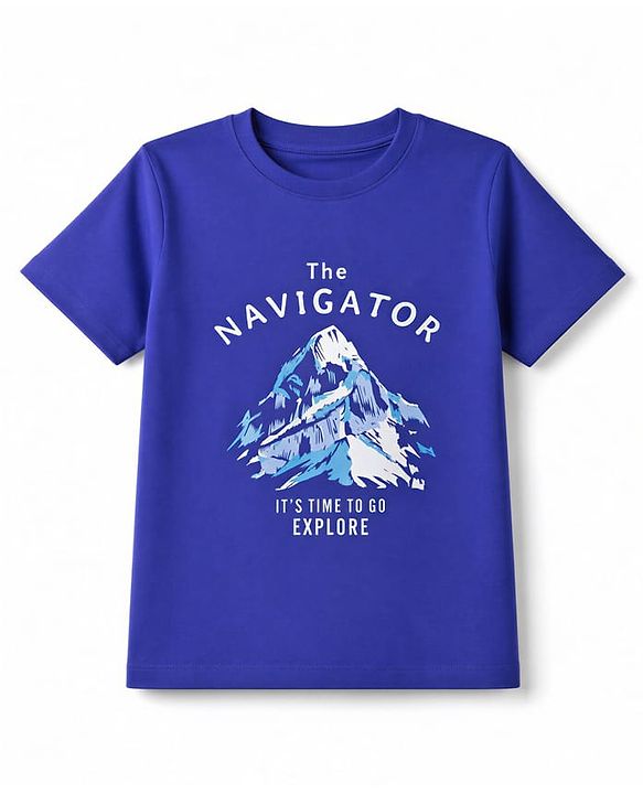 Pine Kids Cotton Knit Half sleeves T-Shirt with Mountain & Text Print - Blue