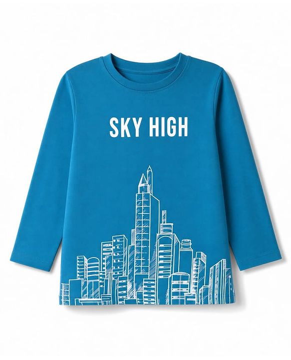 Pine Kids Cotton Knit Full Sleeves T-Shirt with Sky High City Print - Blue