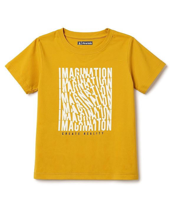 Pine Kids 100% Cotton Knit Half Sleeves Text Printed T-Shirt - Yellow