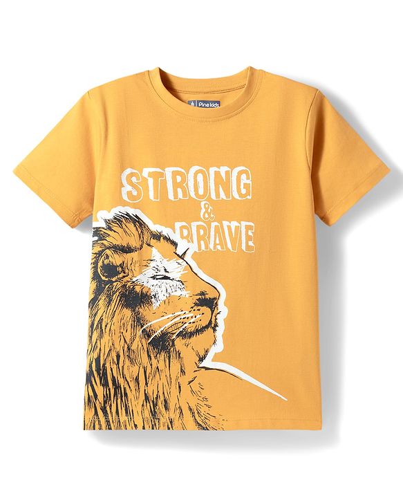 Pine Kids Cotton Knit Half Sleeves T-Shirts With Lion Print - Orange