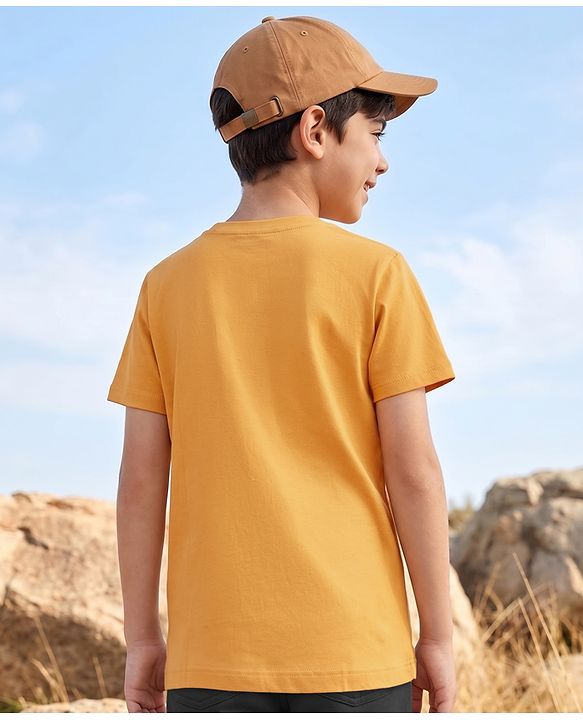 Pine Kids Cotton Knit Half Sleeves T-Shirts With Lion Print - Orange