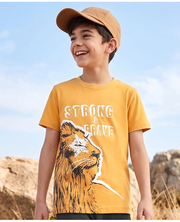 Pine Kids Cotton Knit Half Sleeves T-Shirts With Lion Print - Orange