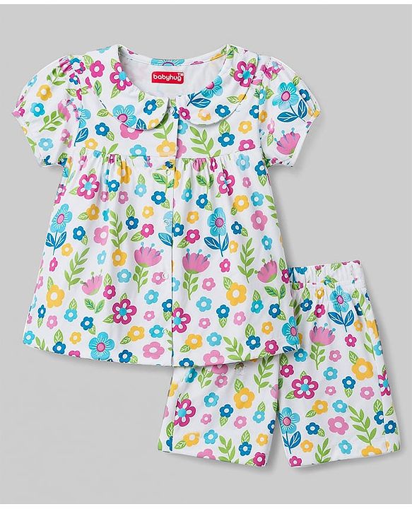 Babyhug Cotton Knit Half Sleeves Top & Shorts Night Suit With Floral Print - White