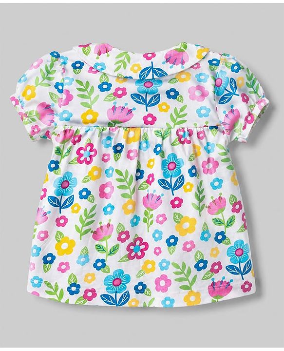 Babyhug Cotton Knit Half Sleeves Top & Shorts Night Suit With Floral Print - White