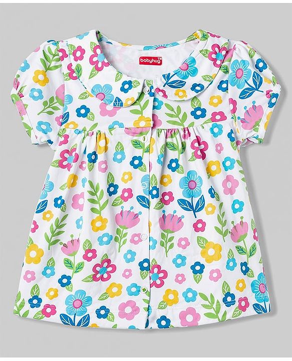 Babyhug Cotton Knit Half Sleeves Top & Shorts Night Suit With Floral Print - White