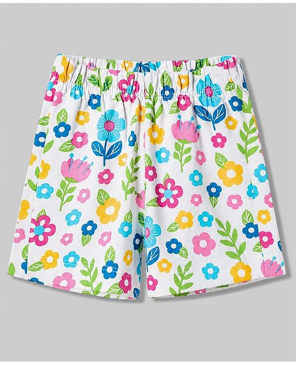 Babyhug Cotton Knit Half Sleeves Top & Shorts Night Suit With Floral Print - White