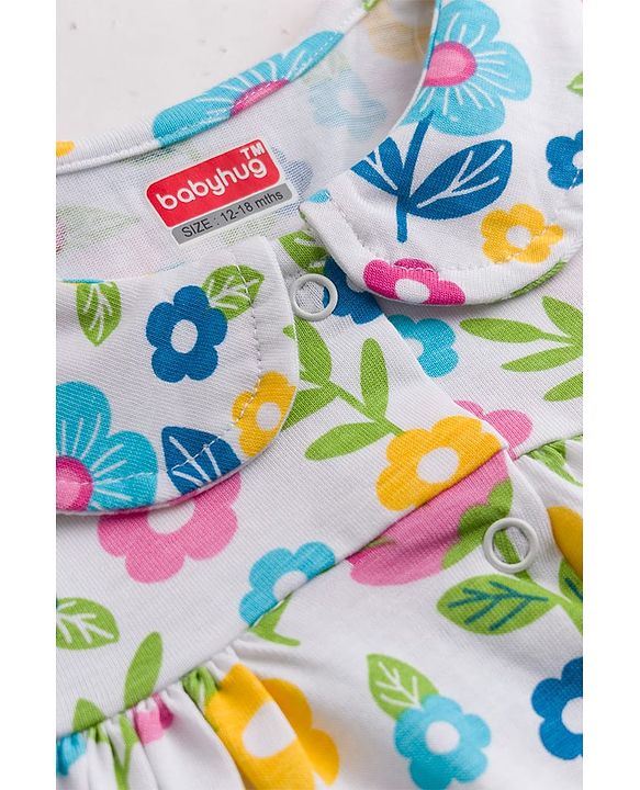 Babyhug Cotton Knit Half Sleeves Top & Shorts Night Suit With Floral Print - White