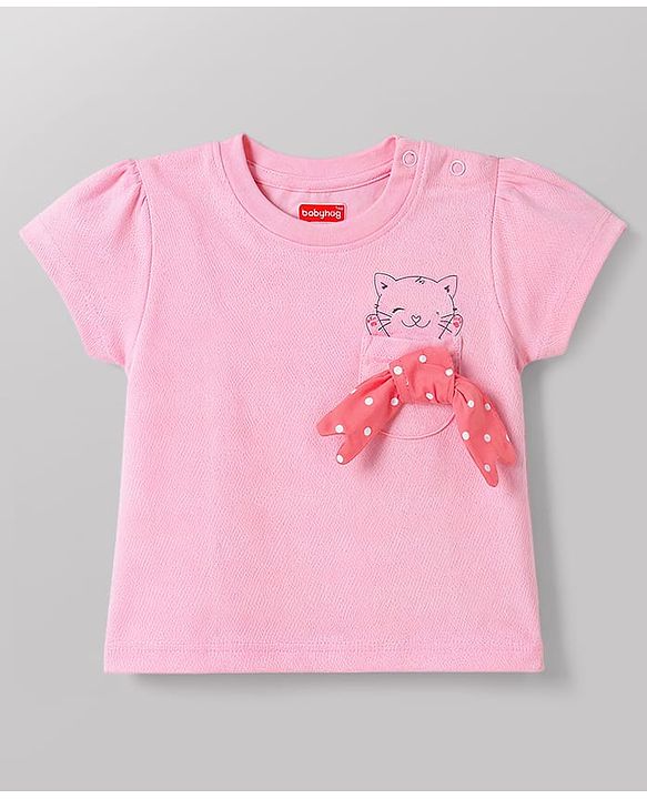 Babyhug 100% Cotton Knit Half Sleeves Kitty Printed T-Shirt & Shorts Night Suit With Bow Applique - Pink