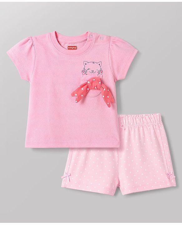 Babyhug 100% Cotton Knit Half Sleeves Kitty Printed T-Shirt & Shorts Night Suit With Bow Applique - Pink