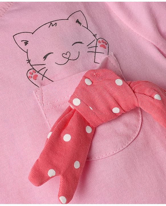Babyhug 100% Cotton Knit Half Sleeves Kitty Printed T-Shirt & Shorts Night Suit With Bow Applique - Pink