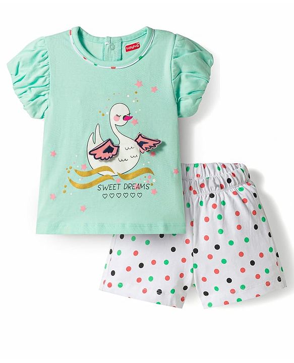 Babyhug 100% Cotton Knit Half Sleeves Polka Dots Printed & Bird Applique T-Shirt & Shorts Night Suit - Mint