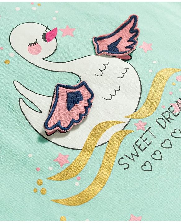 Babyhug 100% Cotton Knit Half Sleeves Polka Dots Printed & Bird Applique T-Shirt & Shorts Night Suit - Mint