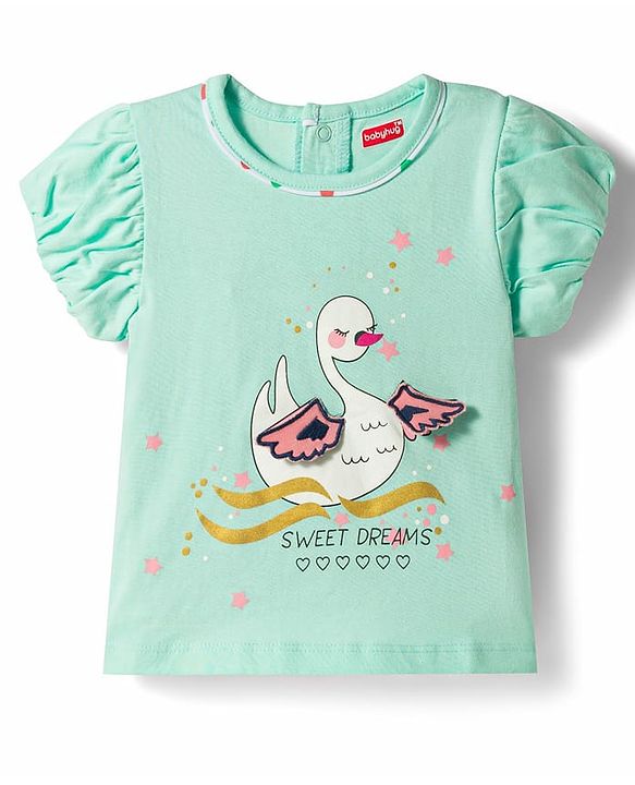 Babyhug 100% Cotton Knit Half Sleeves Polka Dots Printed & Bird Applique T-Shirt & Shorts Night Suit - Mint