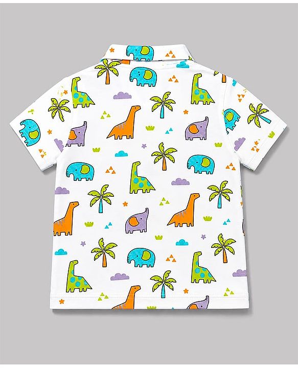 Babyhug 100% Cotton Knit Half Sleeves Shirt & Shorts Co-Ord Night Suit With Dino Print - White