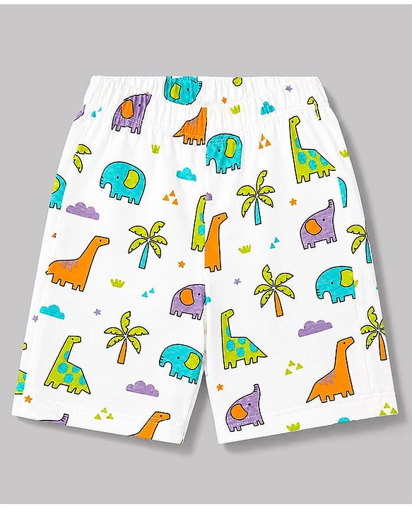 Babyhug 100% Cotton Knit Half Sleeves Shirt & Shorts Co-Ord Night Suit With Dino Print - White