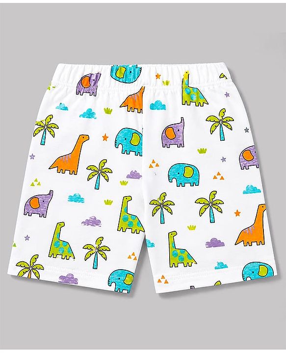 Babyhug 100% Cotton Knit Half Sleeves Shirt & Shorts Co-Ord Night Suit With Dino Print - White