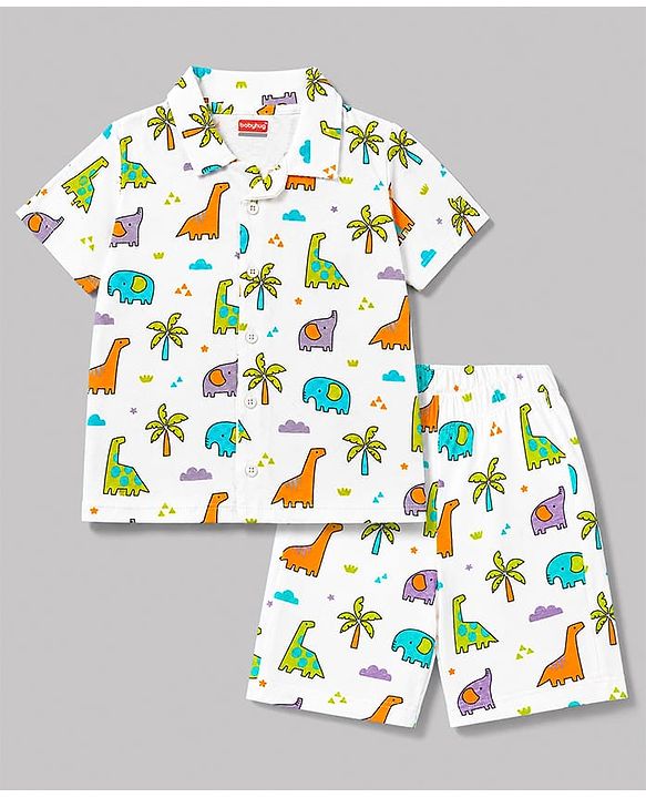 Babyhug 100% Cotton Knit Half Sleeves Shirt & Shorts Co-Ord Night Suit With Dino Print - White
