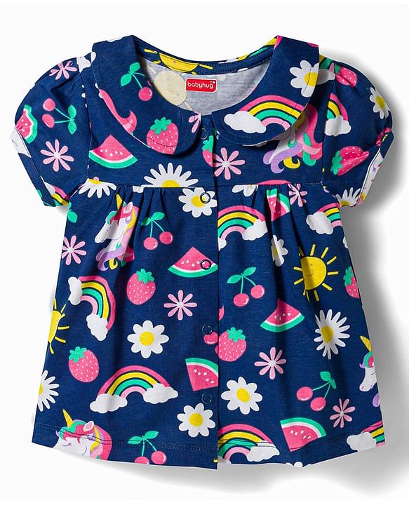 Babyhug 100% Cotton Knit Half Sleeves Rainbow Printed Co-Ords Front Open Top & Shorts Night Suit - Navy