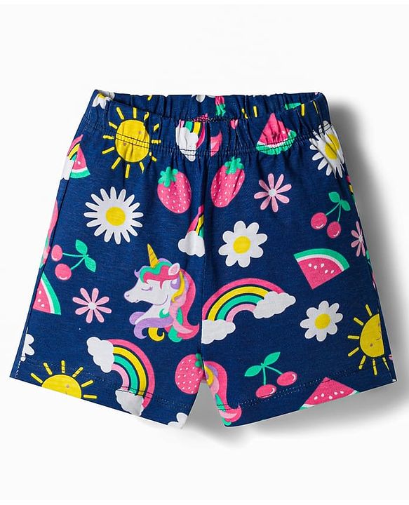 Babyhug 100% Cotton Knit Half Sleeves Rainbow Printed Co-Ords Front Open Top & Shorts Night Suit - Navy