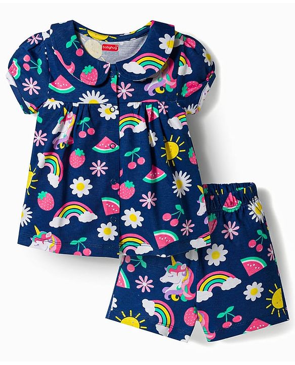 Babyhug 100% Cotton Knit Half Sleeves Rainbow Printed Co-Ords Front Open Top & Shorts Night Suit - Navy