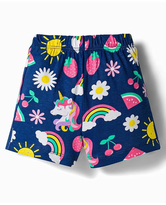 Babyhug 100% Cotton Knit Half Sleeves Rainbow Printed Co-Ords Front Open Top & Shorts Night Suit - Navy
