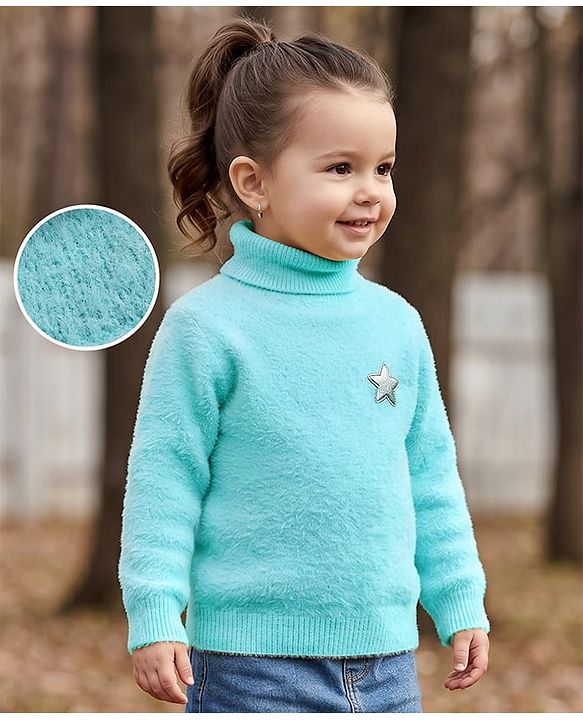 Babyhug Knit Extra Soft Hairy Eyelash Yarn ted Full Sleeves Pullover with Star Embroidery - Aqua Blue