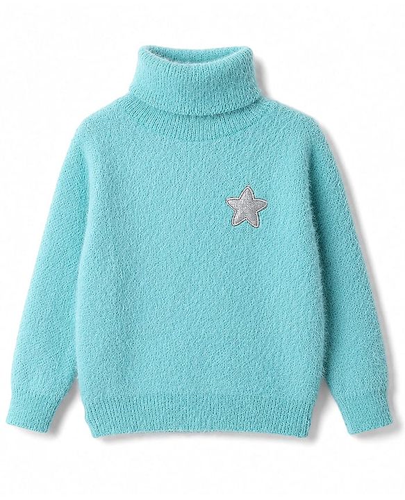 Babyhug Knit Extra Soft Hairy Eyelash Yarn ted Full Sleeves Pullover with Star Embroidery - Aqua Blue