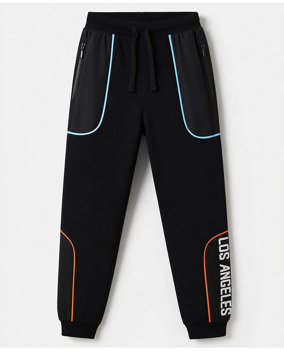 Pine Kids Looper Knit Full Length Lounge Pant with Cut & Sew Design & Text Print- Black