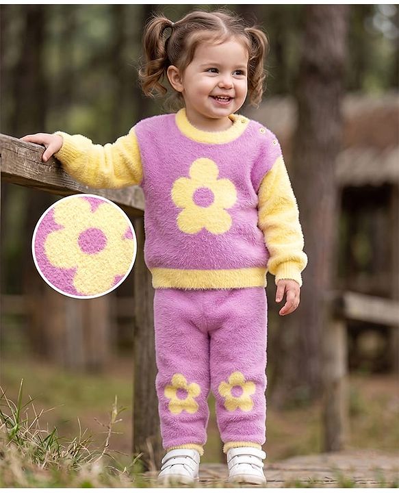 Babyhug Knitted Full Sleeves Sweatshirt & Pant Winter Wear Suit With Floral Print - Pink