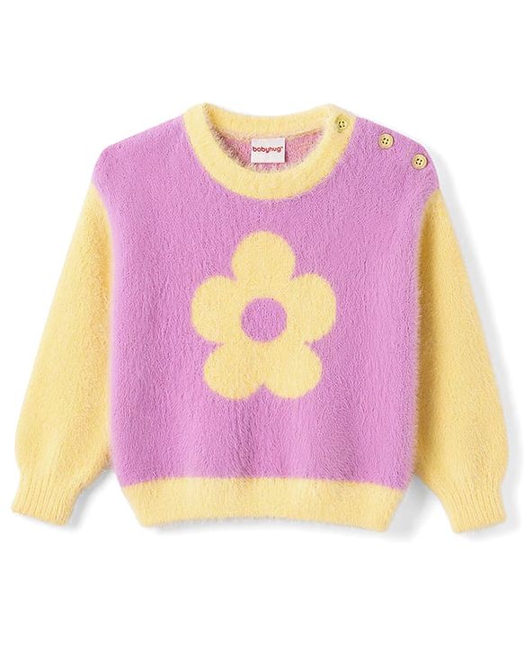 Babyhug Knitted Full Sleeves Sweatshirt & Pant Winter Wear Suit With Floral Print - Pink