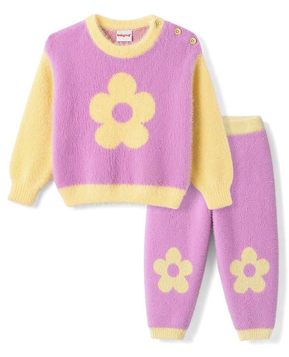 Babyhug Knitted Full Sleeves Sweatshirt & Pant Winter Wear Suit With Floral Print - Pink
