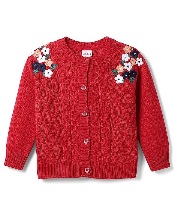 Babyhug Knitted Full Sleeves Front Open Sweater  with Cable Knit Design & Floral Embroidery - Red