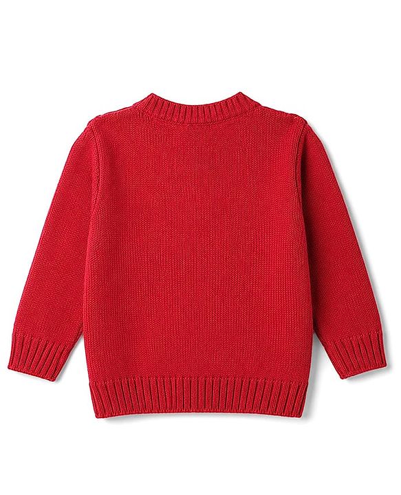 Babyhug Knitted Full Sleeves Front Open Sweater  with Cable Knit Design & Floral Embroidery - Red