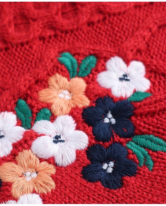 Babyhug Knitted Full Sleeves Front Open Sweater  with Cable Knit Design & Floral Embroidery - Red