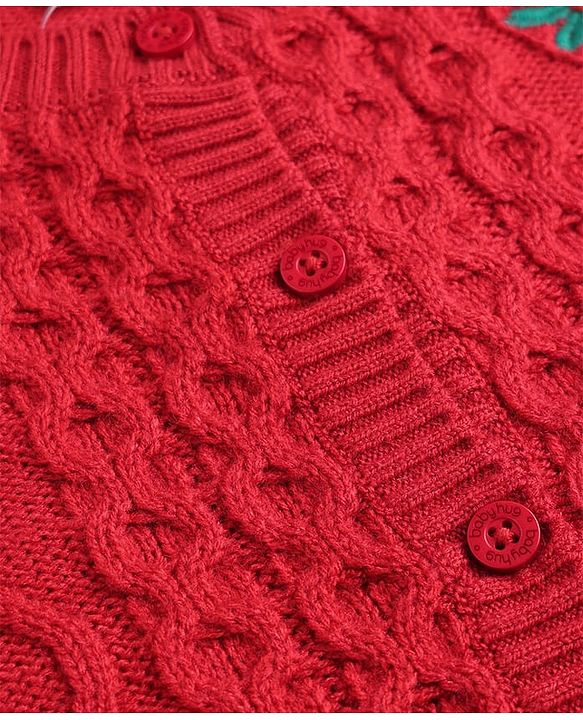 Babyhug Knitted Full Sleeves Front Open Sweater  with Cable Knit Design & Floral Embroidery - Red
