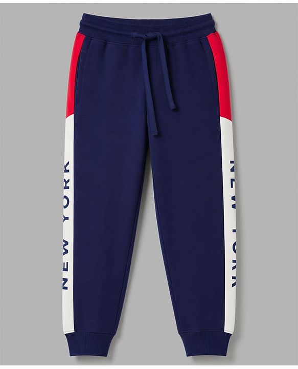Pine Kids Cotton Knit Full Length Lounge & Track Pant With Text Print - Navy Blue
