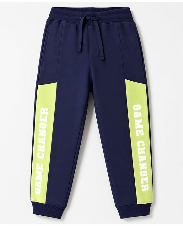 Pine Kids Cotton Knit Full Length Lounge Pants With Text Print - Navy Blue