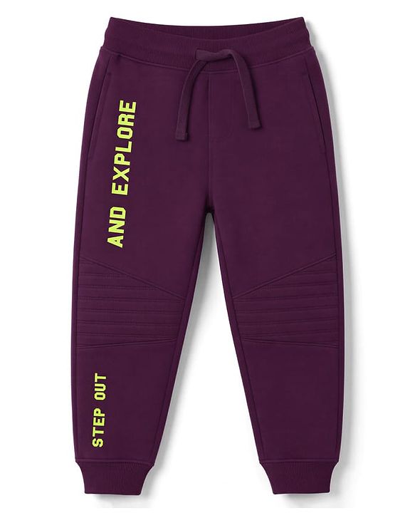 Pine Kids Cotton Knit Full Length Lounge & Track Pant With Text Print - Plum