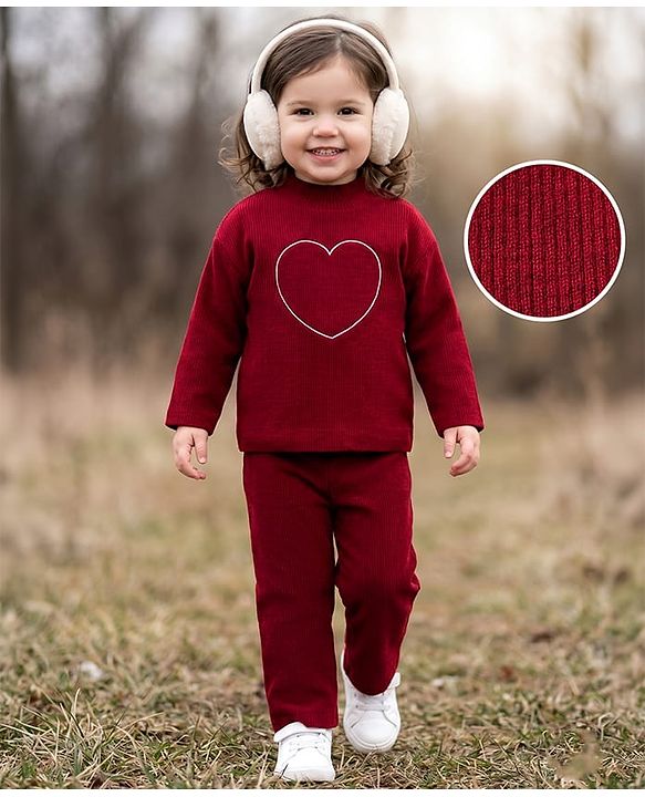 Babyhug Knitted Full Sleeves Sweatshirt & Pant Winter Wear Suit With Heart Design - Red