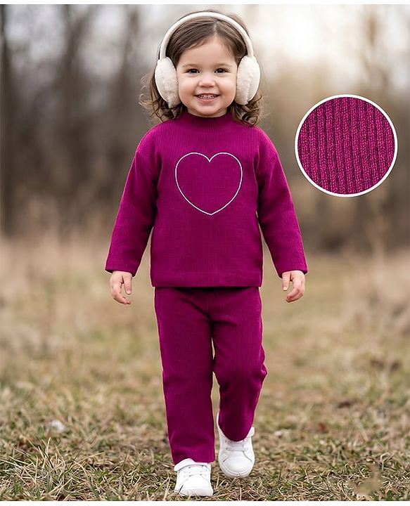 Babyhug Full Sleeves Sweater Knit & Pant Winter Wear Suit With Heart Design - Fuchsia