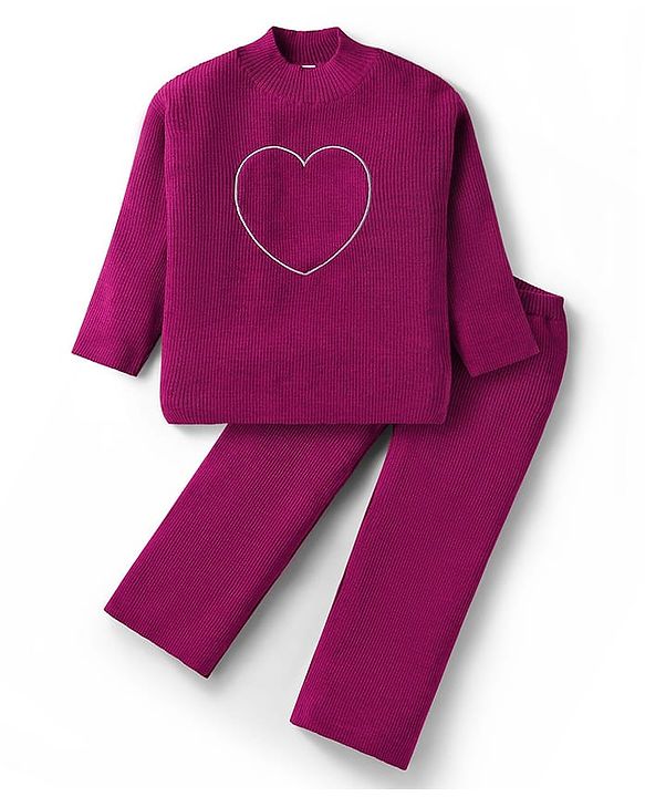 Babyhug Full Sleeves Sweater Knit & Pant Winter Wear Suit With Heart Design - Fuchsia
