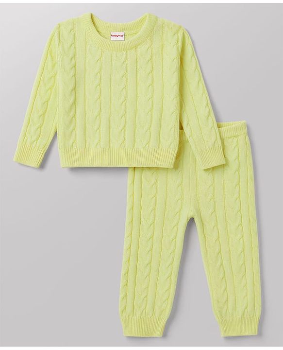 Babyhug Knitted Full Sleeves Sweatshirt & Pant Co-Ord Winter Wear Suit - Limegreen