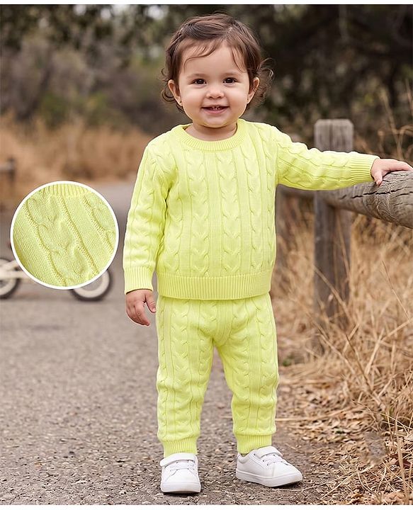 Babyhug Knitted Full Sleeves Sweatshirt & Pant Co-Ord Winter Wear Suit - Limegreen