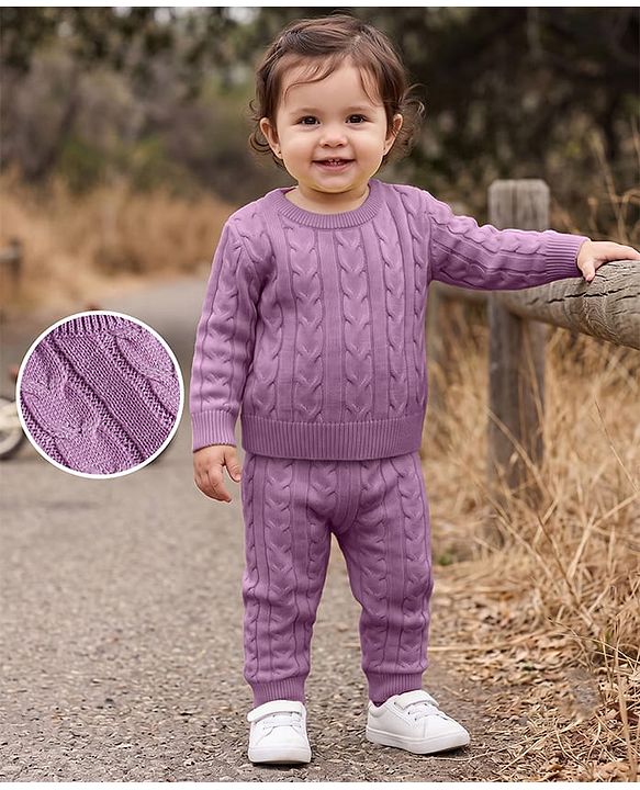 Babyhug Knitted Full Sleeves Sweatshirt & Pant Co-Ord Winter Wear Suit - Lavender