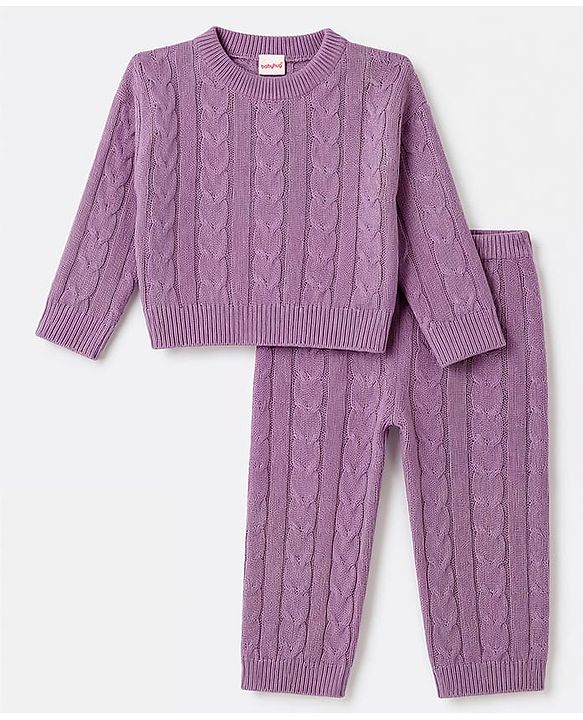 Babyhug Knitted Full Sleeves Sweatshirt & Pant Co-Ord Winter Wear Suit - Lavender