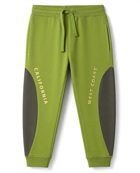 Pine Kids Cotton Knit Full Length Lounge Pants With Text Print - Olive Green