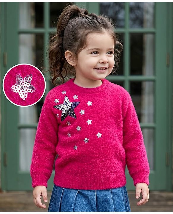 Babyhug Knit Extra Soft Hairy Eyelash Yarn Full Sleeves Reversable Sequinned Star Designed Pullover - Dark Pink