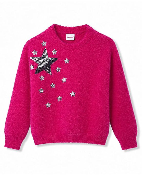 Babyhug Knit Extra Soft Hairy Eyelash Yarn Full Sleeves Reversable Sequinned Star Designed Pullover - Dark Pink