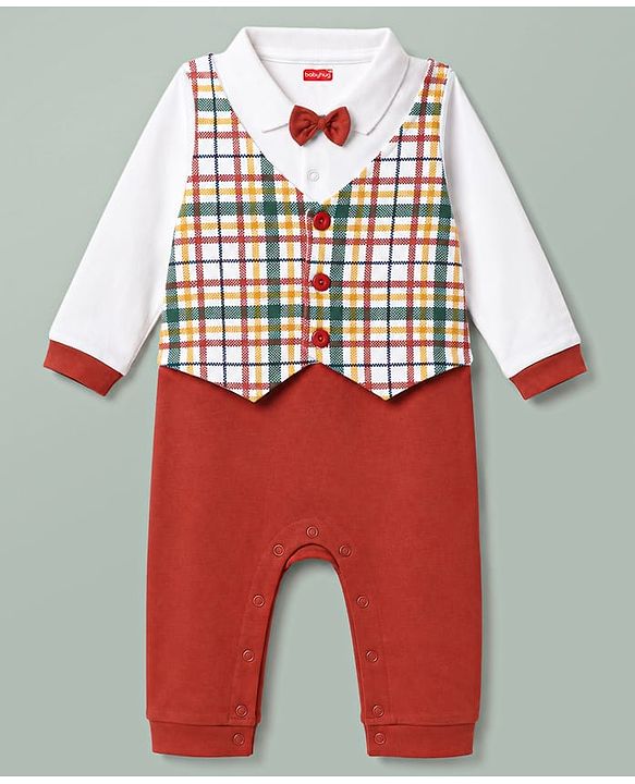 Babyhug 100% Cotton knit Full Sleeves Checked Partywear Romper With Attached Waistcoat & Bow - Multicolor